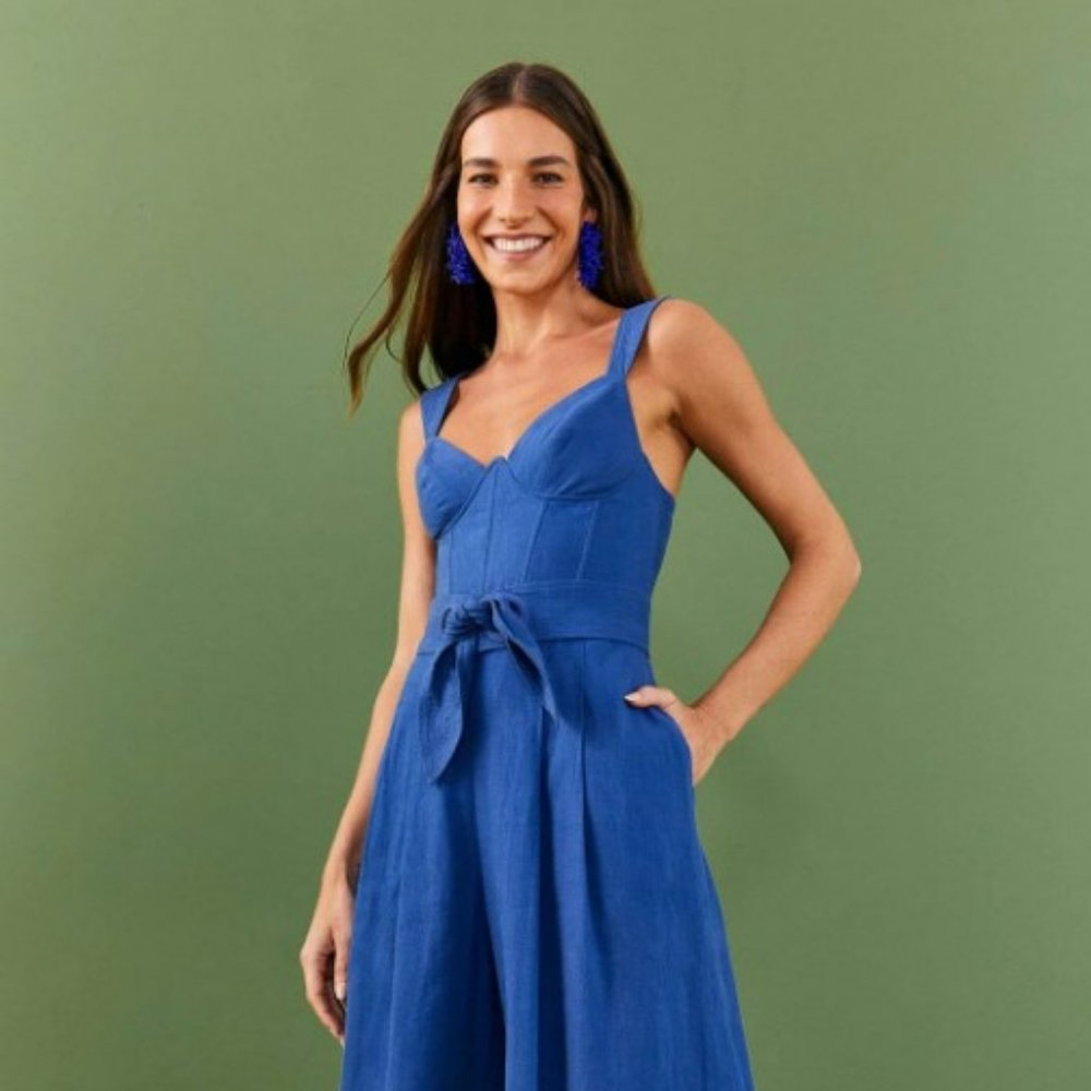 FarmRio Dark Blue Belted Linen Jumpsuit